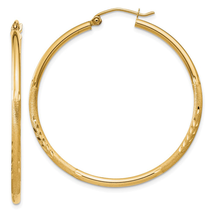 14k Satin and Diamond-cut 2mm Round Tube Hoop Earrings