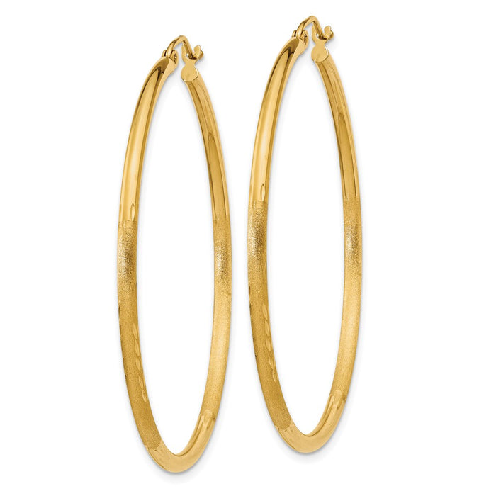 14k Satin and Diamond-cut 2mm Round Tube Hoop Earrings