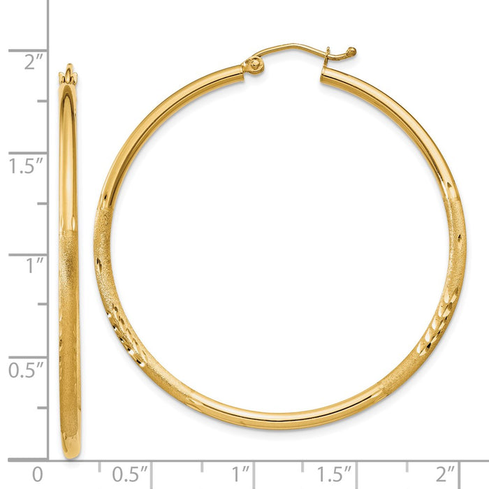 14k Satin and Diamond-cut 2mm Round Tube Hoop Earrings