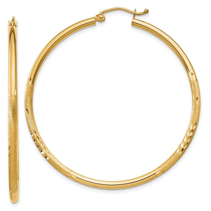 14k Satin and Diamond-cut 2mm Round Tube Hoop Earrings