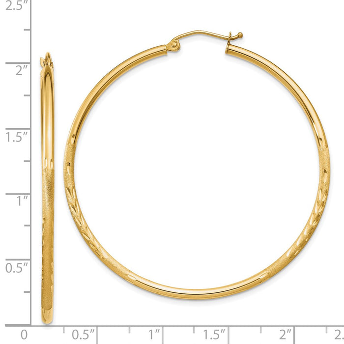 14k Satin and Diamond-cut 2mm Round Tube Hoop Earrings