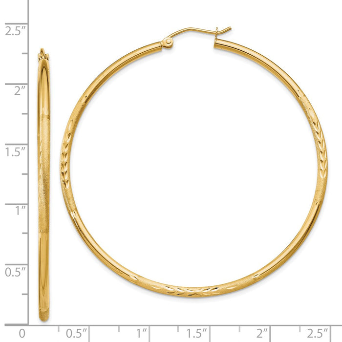 14k Satin and Diamond-cut 2mm Round Tube Hoop Earrings