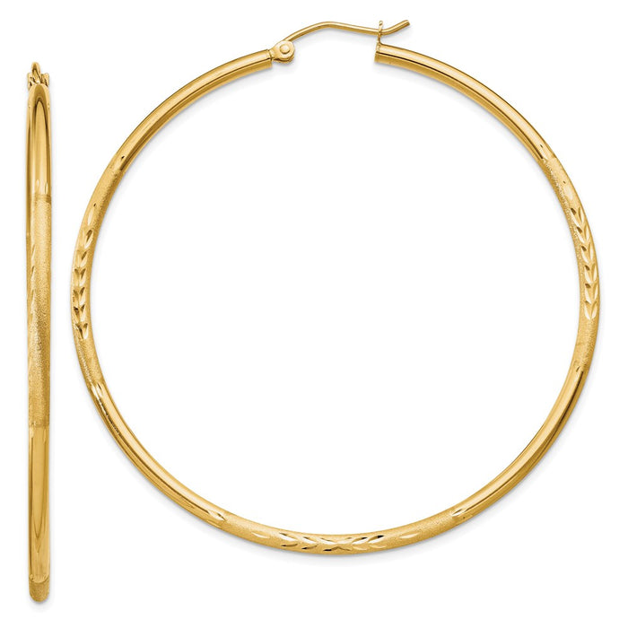 14k Satin and Diamond-cut 2mm Round Tube Hoop Earrings