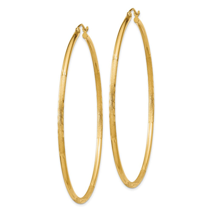 14k Satin and Diamond-cut 2mm Round Tube Hoop Earrings