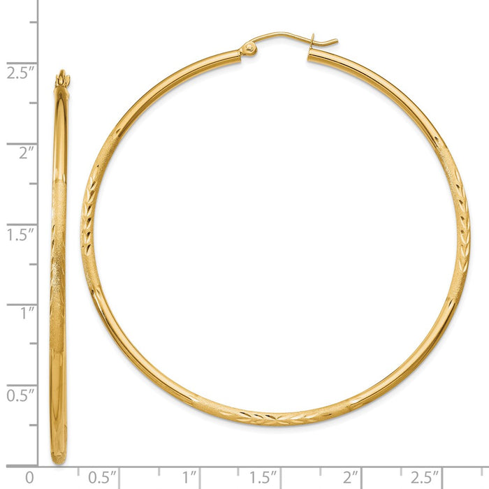 14k Satin and Diamond-cut 2mm Round Tube Hoop Earrings