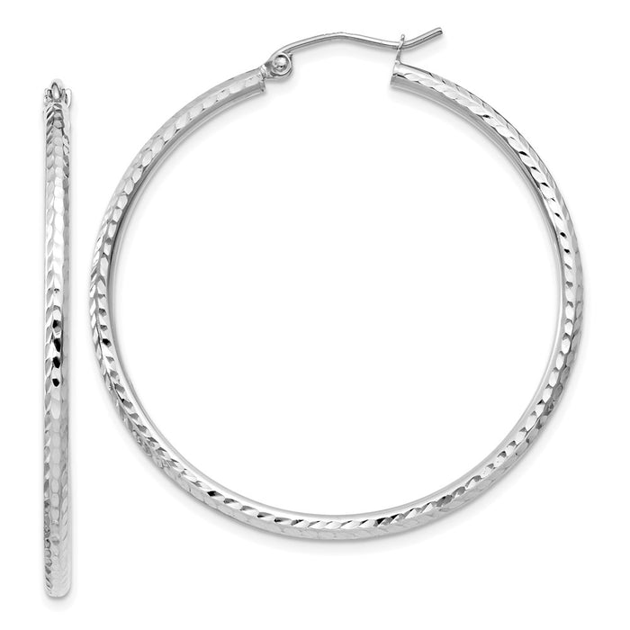 14k White Gold Diamond-cut 2mm Round Tube Hoop Earrings