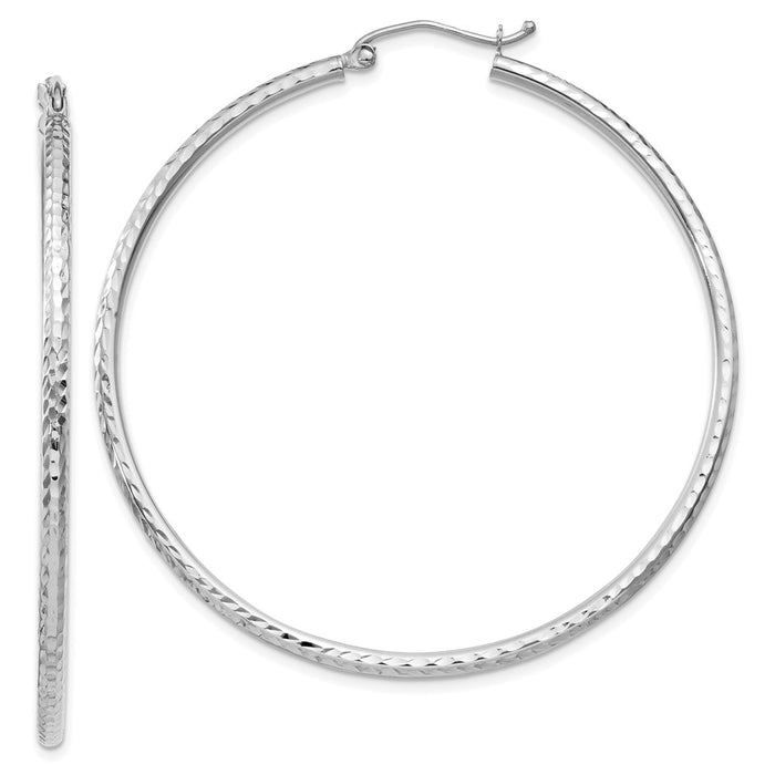 14k White Gold Diamond-cut 2mm Round Tube Hoop Earrings