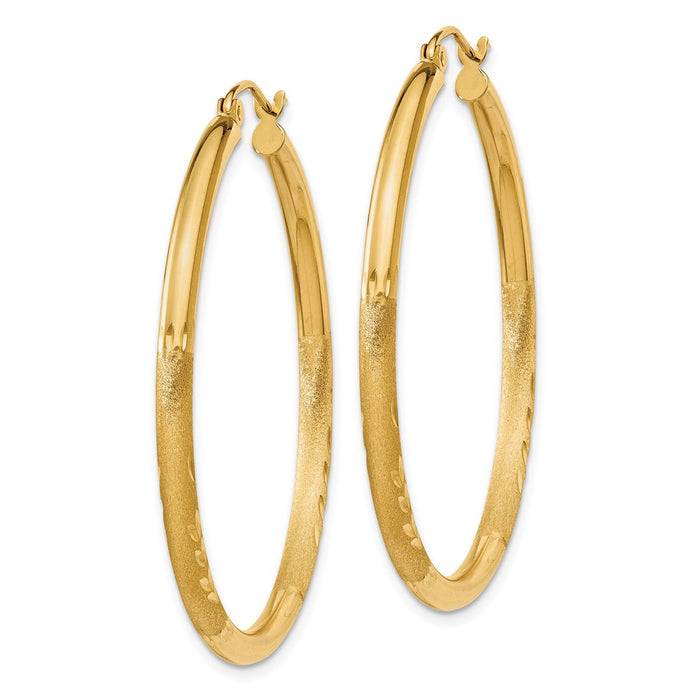 14k Satin and Diamond-cut 2.5mm Round Hoop Earrings