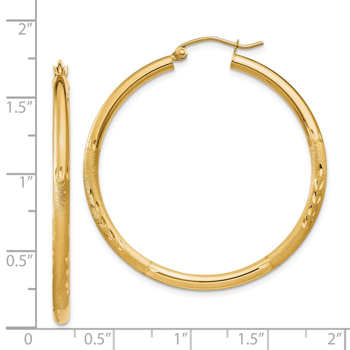 14k Satin and Diamond-cut 2.5mm Round Hoop Earrings