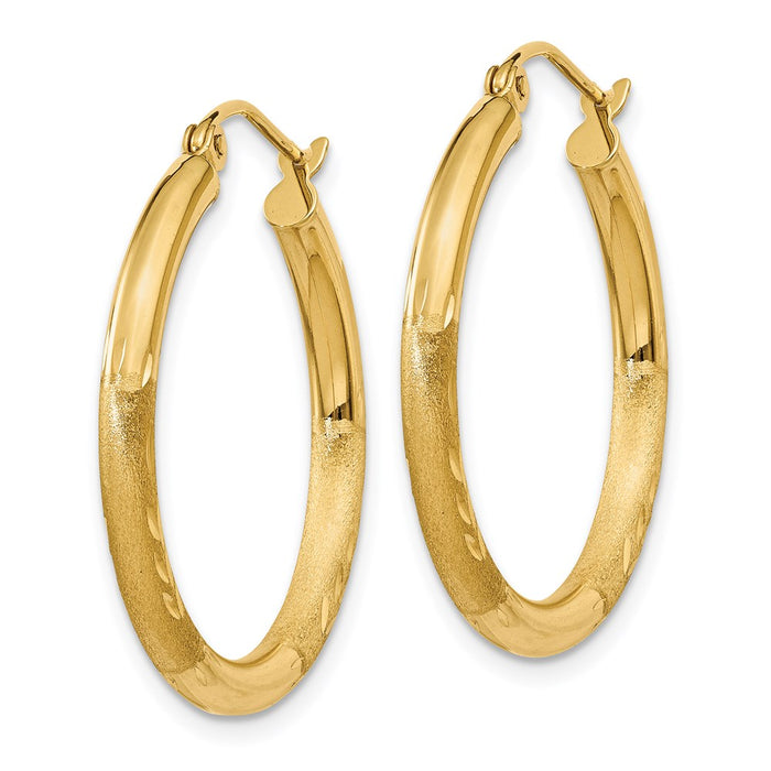 14k Satin and Diamond-cut 2.5mm Round Hoop Earrings