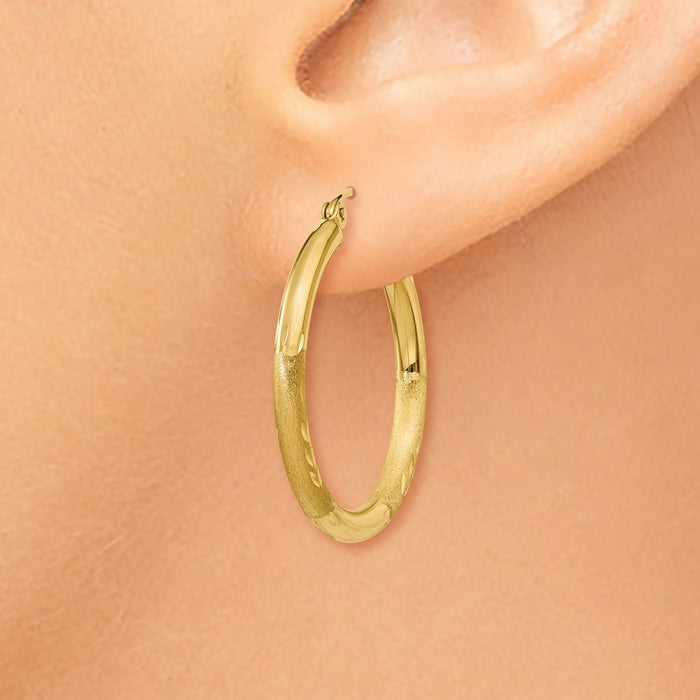 14k Satin and Diamond-cut 2.5mm Round Hoop Earrings