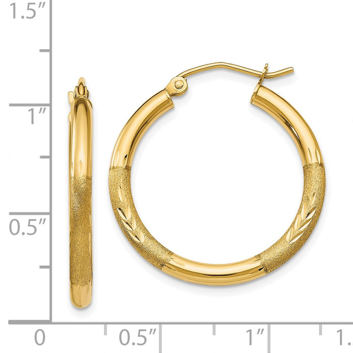 14k Satin and Diamond-cut 2.5mm Round Hoop Earrings