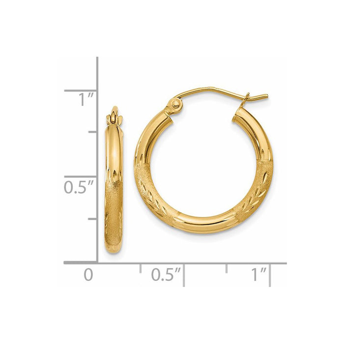 14k Satin and Diamond-cut 2.5mm Round Hoop Earrings