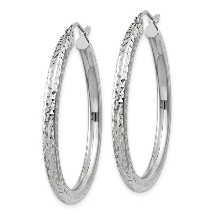 14k White Gold Diamond-cut 3mm Round Hoop Earrings