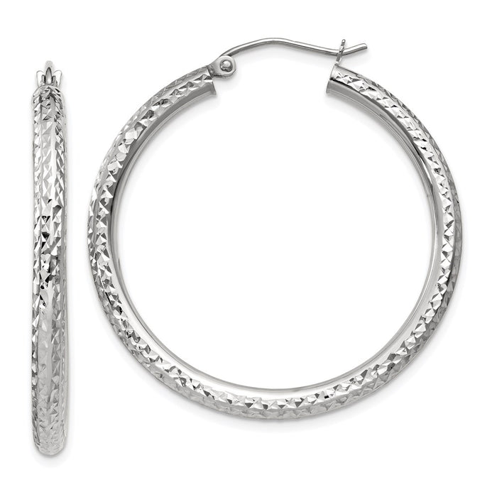 14k White Gold Diamond-cut 3mm Round Hoop Earrings