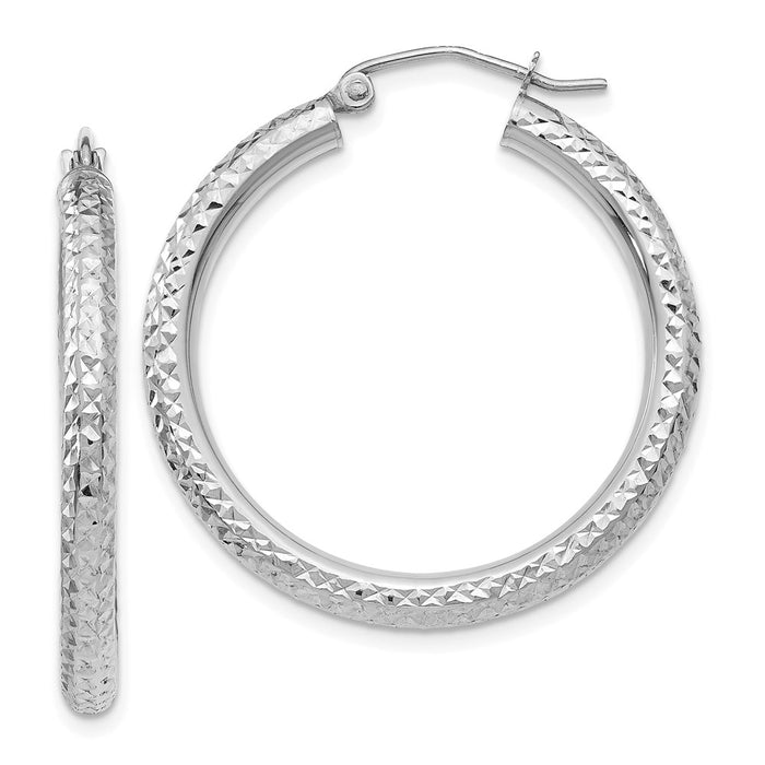 14k White Gold Diamond-cut 3mm Round Hoop Earrings