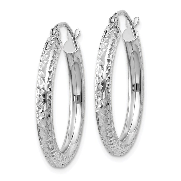 14k White Gold Diamond-cut 3mm Round Hoop Earrings