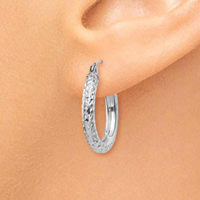 14k White Gold Diamond-cut 3mm Round Hoop Earrings