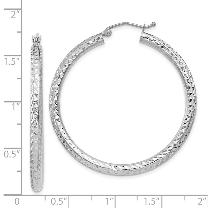 14k White Gold Diamond-cut 3mm Round Hoop Earrings