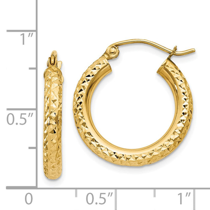 14k Diamond-cut 3mm Round Hoop Earrings