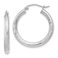 Thumbnail for 14k White Gold Satin and Diamond-cut 3mm Round Hoop Earrings