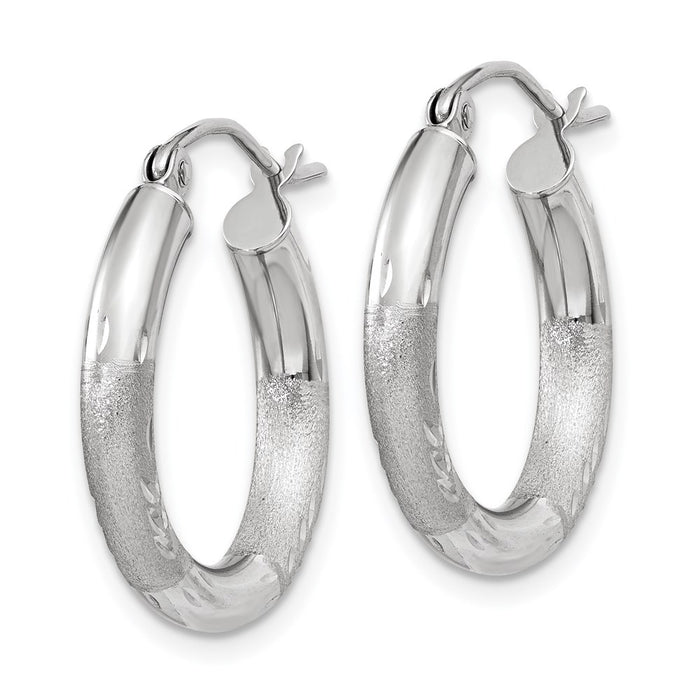 14k White Gold Satin and Diamond-cut 3mm Round Hoop Earrings