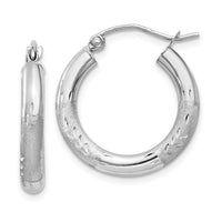 Thumbnail for 14k White Gold Satin and Diamond-cut 3mm Round Hoop Earrings