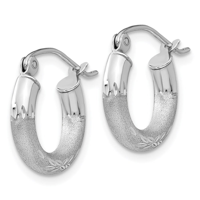 14k White Gold Satin and Diamond-cut 3mm Round Hoop Earrings