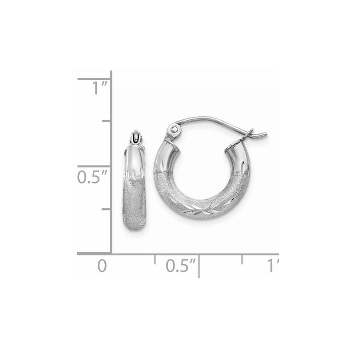 14k White Gold Satin and Diamond-cut 3mm Round Hoop Earrings