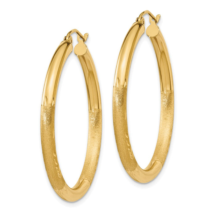 14k Satin and Diamond-cut 3mm Round Hoop Earrings