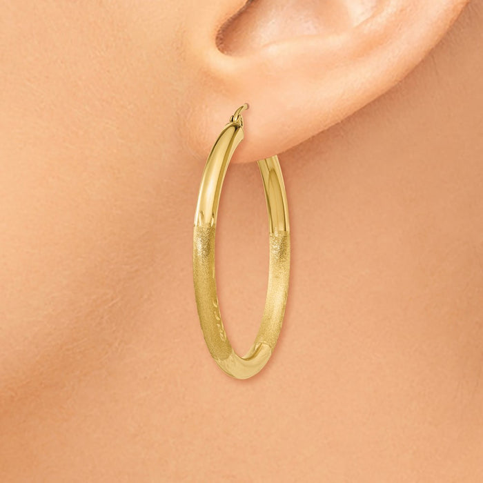 14k Satin and Diamond-cut 3mm Round Hoop Earrings