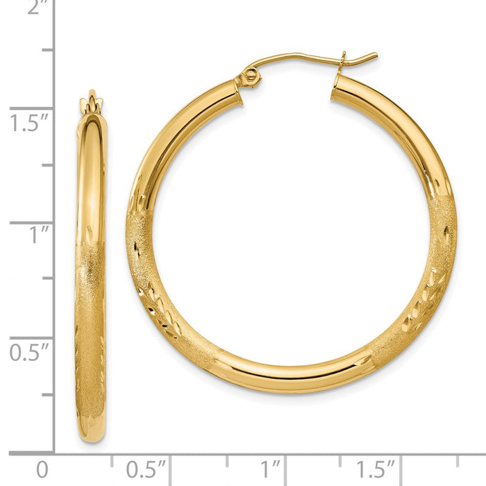 14k Satin and Diamond-cut 3mm Round Hoop Earrings