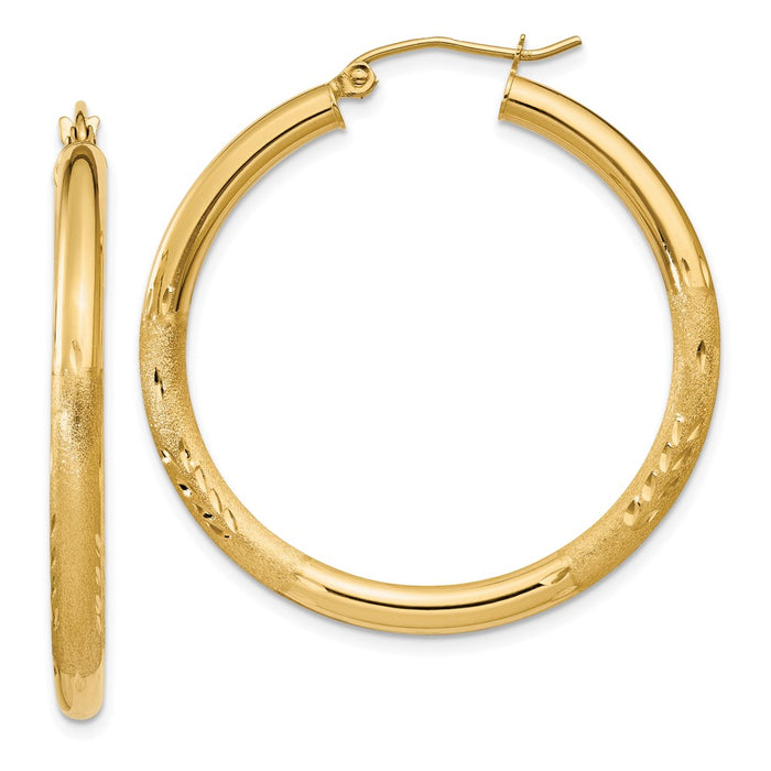 14k Satin and Diamond-cut 3mm Round Hoop Earrings