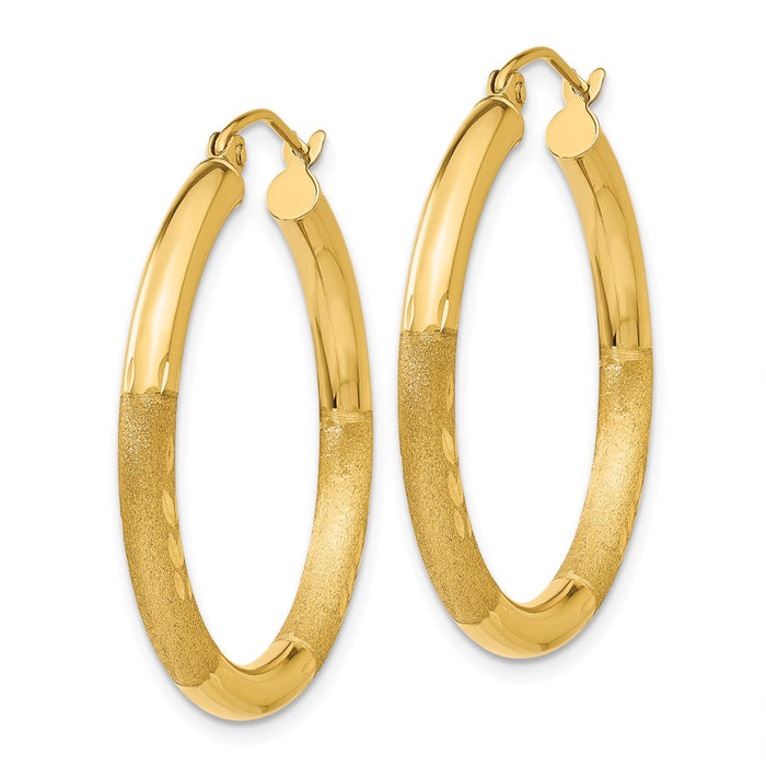 14k Satin and Diamond-cut 3mm Round Hoop Earrings