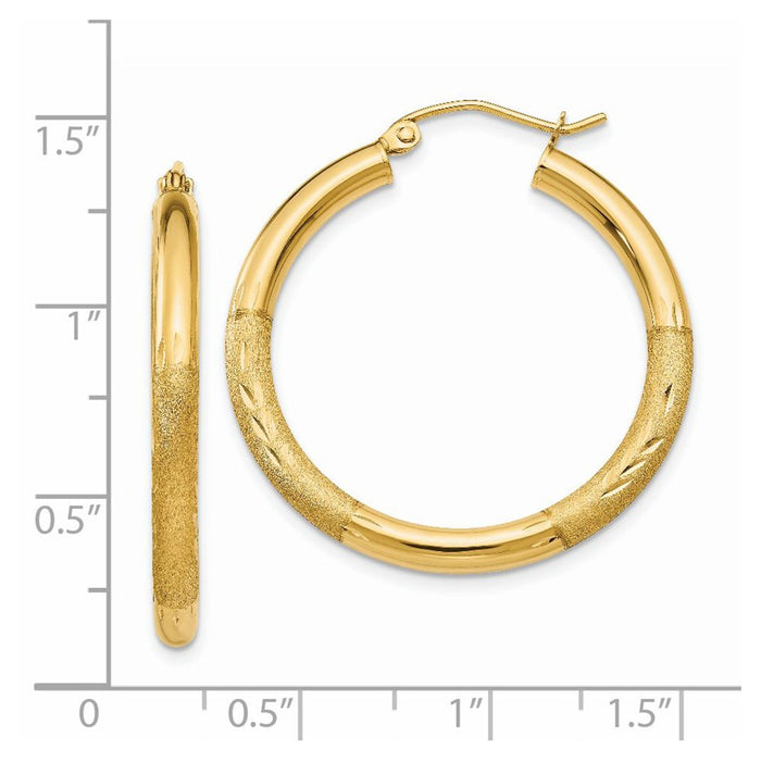 14k Satin and Diamond-cut 3mm Round Hoop Earrings