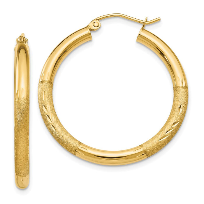 14k Satin and Diamond-cut 3mm Round Hoop Earrings