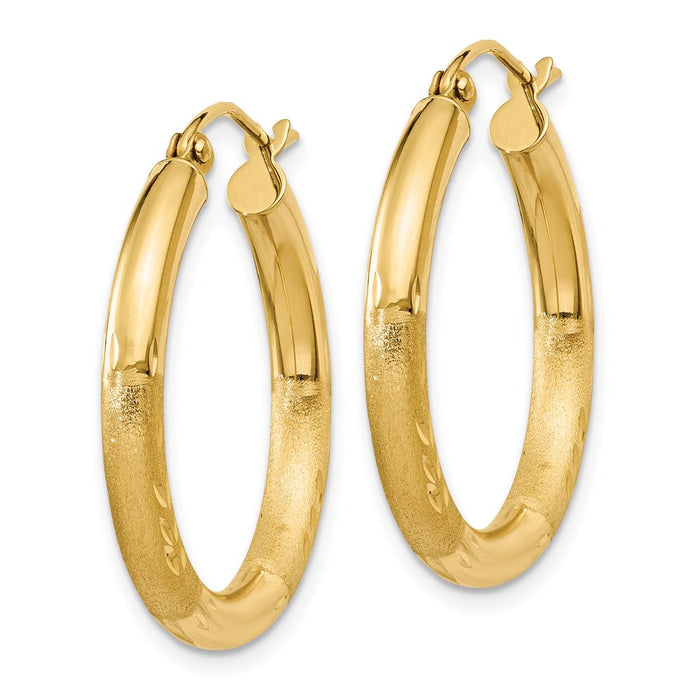 14k Satin and Diamond-cut 3mm Round Hoop Earrings