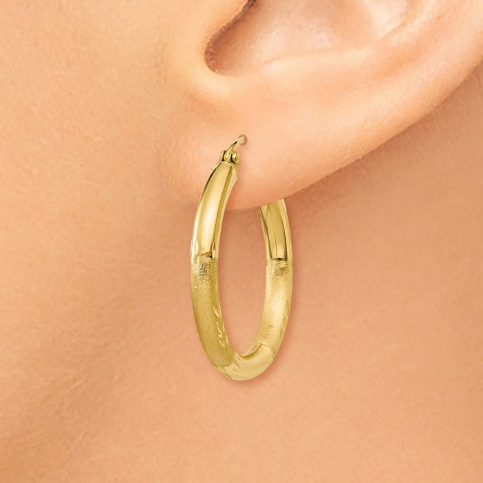 14k Satin and Diamond-cut 3mm Round Hoop Earrings