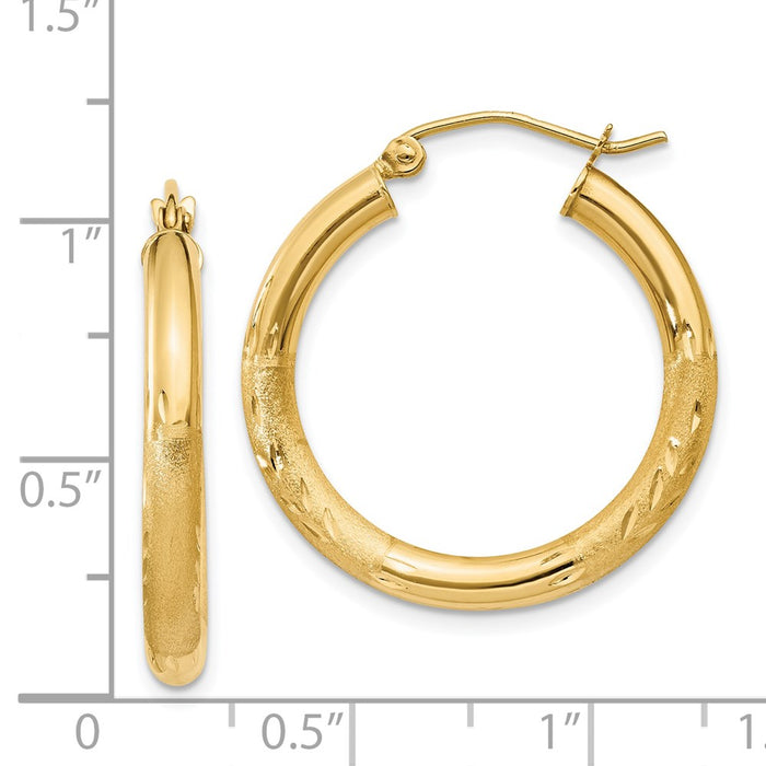 14k Satin and Diamond-cut 3mm Round Hoop Earrings