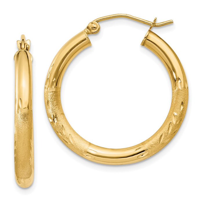 14k Satin and Diamond-cut 3mm Round Hoop Earrings