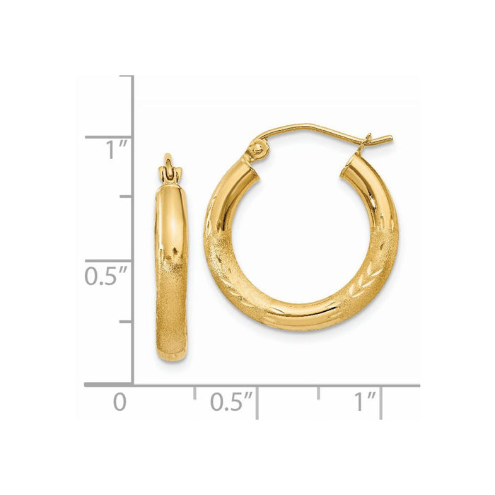 14k Satin and Diamond-cut 3mm Round Hoop Earrings