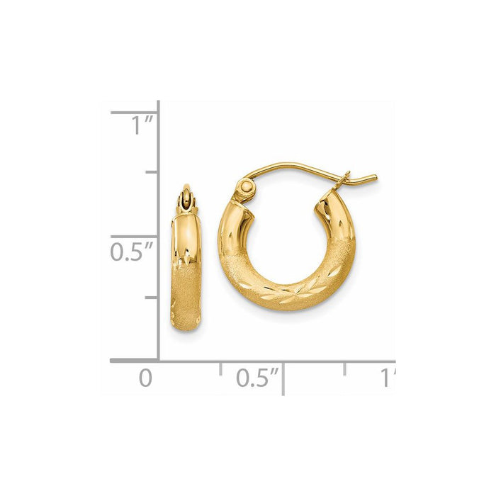 14k Satin and Diamond-cut 3mm Round Hoop Earrings