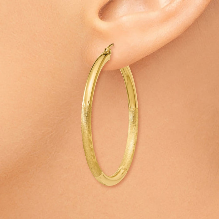 14k Satin and Diamond-cut 3mm Round Hoop Earrings
