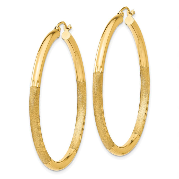 14k Satin and Diamond-cut 3mm Round Hoop Earrings