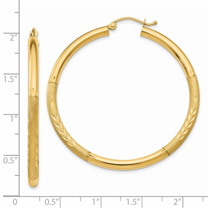 14k Satin and Diamond-cut 3mm Round Hoop Earrings