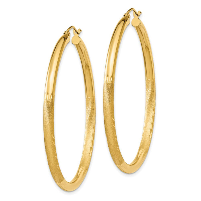 14k Satin and Diamond-cut 3mm Round Hoop Earrings