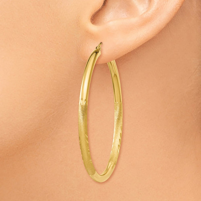 14k Satin and Diamond-cut 3mm Round Hoop Earrings