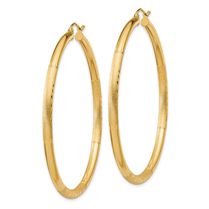 14k Satin and Diamond-cut 3mm Round Hoop Earrings