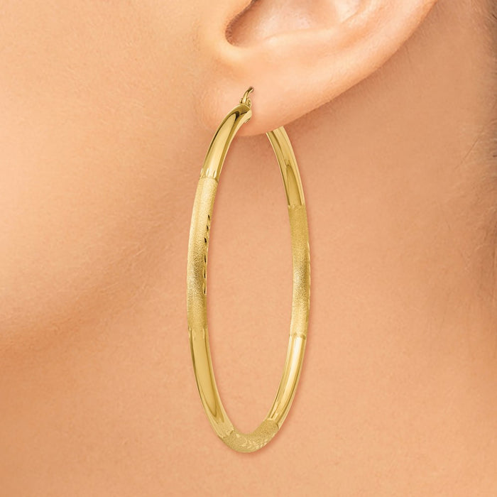 14k Satin and Diamond-cut 3mm Round Hoop Earrings