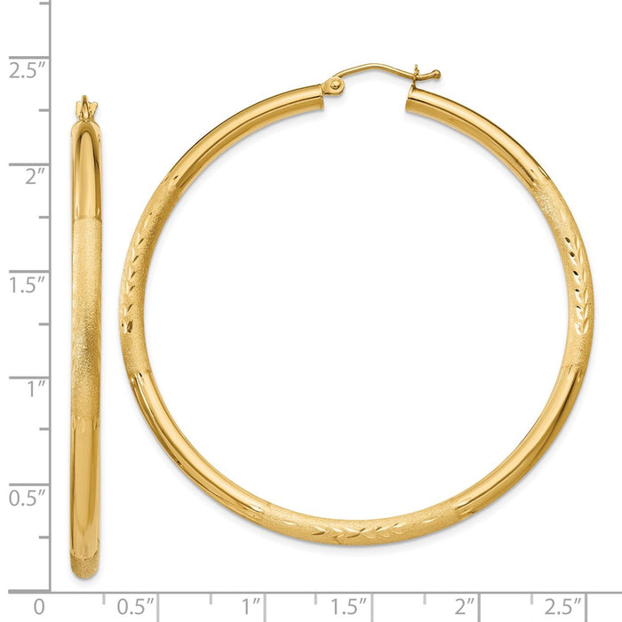 14k Satin and Diamond-cut 3mm Round Hoop Earrings